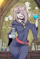 laboratory sucy_manbavaran ai_generated smile small_breasts potion_bottle potion