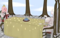 2girls big_breasts blushing bottomless casual_blowjob chair closed_eyes conversation crown digital_media_(artwork) elf embarrassed forest_background futanari hidden_blowjob kawaiiredpandas laughing pink_hair pointy_ears royalty sideboob slime table tagme tea_cup tea_party tiara under_desk white_hair white_skin