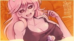 1girls black_sclera boku_no_hero_academia chastity_cage chastity_key cleavage clothed_female english_text female femdom holding_key huge_breasts key keyholder long_hair male male_pov mina_ashido mina_ashido_time-skip my_hero_academia my_hero_academia_(finale) parkdale pink_body pink_hair tank_top teasing yellow_eyes