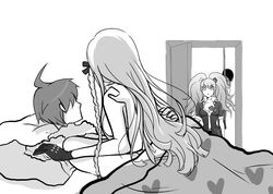 1boy 3girls ahoge asphyxiation bed black_hair blanket braided_hair breasts caught_in_the_act cushion danganronpa danganronpa_1 door faceless female gloves gyaru gyaru_gal hair_ribbon hanged implied_sex junko_enoshima kirigiri_kyouko long_hair monochrome mukuro_ikusaba multiple_girls naegi_makoto noose pillow rope sheets short_hair straight_hair suicide surprised tied_hair twintails walk-in