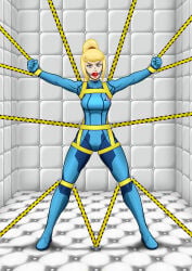 suichitanaka metroid samus_aran latex_clothing padded_room padded_cell bdsm blonde_hair straps leather_straps bound bondage fit_female zero_suit zero_suit_samus gag gagged ball_gag