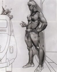 2boys bara blonde_hair bulge dotted_underwear gay harry_bush improvised_underwear male male_only monochrome muscular nipples original pubic_hair screw side_view simple_background surfboard tan_skin tanline traditional_media underwear van vehicle white_background yaoi