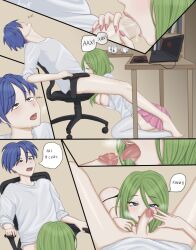 houtfi 1girls 1boy laptop table penis penis_in_mouth text dialogue open_mouth blush breath looking_at_partner boobs clothing hand_on_penis green_hair blue_hair chair sitting_on_chair sitting