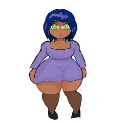 unknownbag haruko_(eildude) oc 1girls blue_hair breasts big_breasts shortstack clothing dress stockings dark_skin dark-skinned_female green_eyes high_heels solo solo_focus solo_female female female_only female_focus short_hair thick_thighs thick