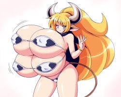 paulgq cow_girl original original_character gigantic_breasts smug smile v-shaped_eyebrows bikini multi_breast 4_breasts solo 1girl