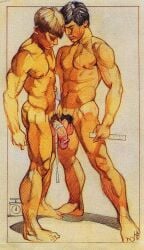 2boys artist_logo ass balls black_hair blonde_hair comparing_penis flaccid gay harry_bush male male_only measuring_tape muscular nipples original out_of_frame penis penis_size_difference pubic_hair ruler simple_background tan_skin tanline textless traditional_media white_background yaoi