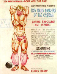 1boy advertisement arabian_clothes arms_behind_head ball_and_chain blonde_hair bulge chains english_text erection erection_under_clothes gay harry_bush leg_cuffs light_skin male male_only muscular nipples original pink_clothing pubic_hair simple_background slave solo standing tan_skin text traditional_media white_background yaoi