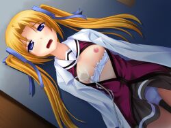 1girl 2000s_(style) blonde_hair blue_eyes blue_ribbon blush bra bra_pull breasts clothes_lift clothes_pull cowboy_shot curtained_hair dutch_angle electricity from_above fumizuki_yukari game_asset hair_ribbon half-closed_eyes hara_hara!! lab_coat long_hair lying nipple_stimulation nipples non-web_source on_back open_clothes open_mouth open_shirt panties pleated_skirt raised_inner_eyebrows ribbon school_uniform self-datamine sex_toy skirt skirt_lift small_breasts solo tearing_up twintails underwear variant_set vibrator vibrator_cord vibrator_on_nipple visual_novel_cg yamamoto_christine_maiko_(hara_hara!!)