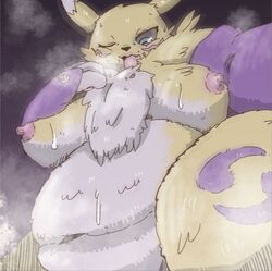 big_belly blue_eyes breasts deep_navel digimon female fingerless_gloves furry hoshino_kedama looking_down mammal nipples obese one_eye_closed overweight overweight_female renamon yellow_fur