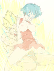 1boy 1girls areolae arm_grab aura blue_hair bottomless breasts breasts_out bulma_briefs caisama clitoris clothed_female_nude_male clothed_sex dragon_ball dragon_ball_z dress dress_lift electricity erection exposed_breasts female functionally_nude glowing glowing_hair hairless_pussy happy happy_sex large_breasts large_penis muscular_male nipples no_bra no_panties nude open_mouth open_smile penis pussy restrained reverse_cowgirl_position romantic_couple sex shaved_pussy short_hair skirt skirt_lift smile spiked_hair straight super_saiyan super_saiyan_2 testicles uncensored vaginal_penetration vegeta