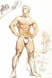 1boy bag blonde_hair bulge english_text gay harry_bush male male_only muscular nipples onomatopoeia original pubic_hair sign simple_background solo tan_skin tanline text thong tire traditional_media white_background white_thong yaoi