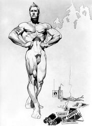 1boy balls bara binoculars book flaccid gay harry_bush male male_only monochrome muscular nipples original penis pubic_hair radio soda_bottle solo straw traditional_media yaoi