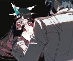 alternate_version_available bangs black_hair blue_hair columbina_(genshin_impact) dottore_(genshin_impact) experiment eyes_closed genshin_impact long_hair male/female petite pink_hair pink_nipples scientist small_breasts syringe