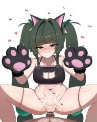 1boy 1girls blush boob_window bra breasts cat_bra cat_cutout cat_lingerie cat_paws female looking_at_viewer paw_gloves penetration penis qingyi_(zenless_zone_zero) ranfe1539 robot_girl robot_joints sex sweat twintails zenless_zone_zero