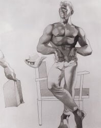 1boy bara beach bulge disembodied_hand gay harry_bush male male_only monochrome muscular nipples original paper_bag pubic_hair solo straw_hat tan_skin tanline tight_pants traditional_media unzipping unzipping_pants yaoi