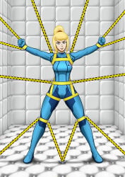 suichitanaka metroid samus_aran latex_clothing padded_room padded_cell bdsm blonde_hair straps leather_straps bound bondage fit_female zero_suit zero_suit_samus