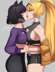 2girls alternate_costume ass black_hair blake_belladonna blonde_hair boob_window breasts canon_couple cat_ears catgirl colored cslucaris female/female female_only french_kiss jacket kissing large_breasts lesbian_kiss midriff ponytail rooster_teeth rwby shorts steam sunglasses sunglasses_on_head tagme tight_clothing tongue tongue_kiss tounge_out viz_media yang_xiao_long yoga_pants yuri
