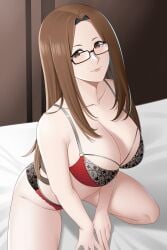 1girls 2:3 alternate_version_available aslindsamure big_breasts breasts brown_eyes brown_hair cleavage female female_only fushimi_chihiro glasses large_breasts lingerie long_hair megami_tensei persona persona_3