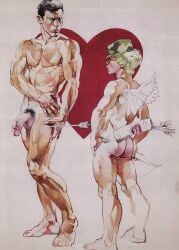 2boys angel_wings arrow_(weapon) arrow_in_leg ass back_view balls black_hair blonde_hair blood_drip bow_(weapon) cupid cupid's_arrow flaccid gay harry_bush heart heart_background light_skin male male_only muscular nipples nude original penis pubic_hair simple_background tan_skin tanline tattoo traditional_media valentine's_day white_background wings yaoi
