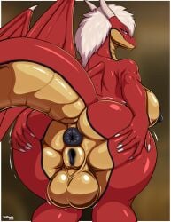 anthro anus backsack balls big_balls blue_eyes breasts butt colored_nails crouching dragon exposed_breasts genitals hair herm hi_res horn intersex mythological_creature mythological_scalie mythology nails presenting presenting_hindquarters puffy_anus quilrynn scalie side_boob smile smiling_at_viewer smirk smirking_at_viewer solo spread_butt spreading tail tridark vulva white_hair white_horn white_nails wings