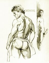 2boys ass back_view balls big_ass english_text erection gay harry_bush male male_only masturbation monochrome muscular nipples nude original penis pubic_hair public_shower shower side_view simple_background spying text traditional_media white_background yaoi