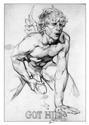 1boy angel_wings arrow_(weapon) cum cupid cupid's_arrow english_text erection gay harry_bush lowres male male_only masturbation monochrome original penis solo text traditional_media valentine's_day wings yaoi