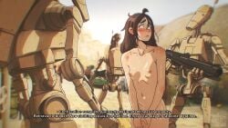 1girls 3robots absolutely_nothing_on artist_insert artist_logo artist_name assisted_exposure b1_battle_droid battle_droid blush blushing breasts brown_hair check_character classic_enf_pose completely_naked completely_nude completely_nude_female confiscation covering covering_crotch covering_pussy covering_self droid droid_(star_wars) embarrassed embarrassed_nude_female enf english english_text female female_focus freckles freckles_on_shoulders holding_weapon long_hair lore_inaccurate may_the_4th_be_with_you naked naked_female nipples nude nude_female only_one_naked outdoor_nudity outdoors permanent_nudity pubic_stubble public public_nudity scared scared_expression self_insert sibi_(sibi_artist) sibi_artist small_breasts star_wars tagme talking_to_another tatooine text