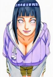 1girls 2d accurate_art_style accurate_body_type ai_generated bent_over big_breasts black_hair blunt_bangs blush boruto:_naruto_next_generations breasts busty busty_female cel_shading cleavage closed_mouth clothed clothing collarbone deep_cleavage drawstring facing_viewer female female_focus female_only front_view green_shorts hanging_boobs hanging_breasts high_resolution highres hood hood_down hoodie huge_breasts hyuuga_hinata large_breasts leaning_forward light-skinned_female light_skin line_art long_sleeves looking_at_viewer manga_style masashi_kishimoto_style mature_female milf naruto naruto_(series) no_bra no_pupils official_style pom_pom_(clothes) pupilless_eyes purple_eyes purple_hoodie shiny_hair shiny_skin short_hair shorts simple_background smile solo solo_focus standing sweater thin_eyebrows uzumaki_hinata waifu white_background