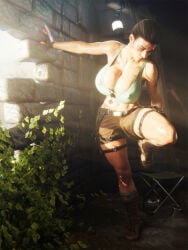 1girls 3d 3d_(artwork) adjusting_footwear beautiful_woman belted_shorts beltshorts big_breasts boots breasts brick_wall brown_shorts bursting_breasts cleavage clothed covered_nipples denim_shorts dirty emotionless emotionless_female female female_only fingerless_gloves gloves high_resolution huge_breasts indifferent lara_croft lara_croft_(classic) large_breasts mature_female mature_woman moeyak5 no_bra rhywlad shorts solo standing standing_on_one_leg strap_gap sunglasses_removed sweat tank_top thick_thighs thigh_holster tomb_raider tomb_raider_(classic) toned toned_female uncaring uncaring_female