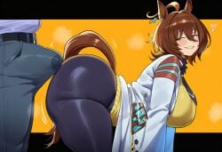 1boy 1girls agnes_tachyon_(umamusume) ahoge ai_generated ass bent_over big_ass big_breasts black_pantyhose blush breasts brown_hair bulge bulge_through_clothing earrings erection erection_under_clothes horse_ears horse_girl horse_tail huge_ass jewelry lab_coat looking_at_another messy_hair necktie pantyhose precum red_eyes seductive seductive_smile short_hair side_view smile sweater_vest tagme tail thick_thighs thighs umamusume umamusume_pretty_derby white_coat yellow_sweater