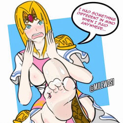 1girl a_link_between_worlds armor barefoot blonde_hair blue_eyes blush boots breasts breasts_out circlet cum cum_on_body cum_on_feet dress embarrassed english_text feet foot_focus footjob forehead_jewel full-face_blush long_hair medium_breasts meme mjlewds nipples open_mouth pauldrons princess princess_zelda shoulder_armor shoulder_pads single_boot single_shoe soles solo speech_bubble stepped_on swirly_eyes the_legend_of_zelda tiara toes twitter_username unworn_boots white_dress zelda_(a_link_between_worlds)