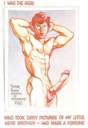 1boy arms_behind_head ass balls blue_eyes english_text erection front_view gay ginger glasses harry_bush male male_only muscular nerd original penis photo_(object) simple_background solo text traditional_media white_background yaoi
