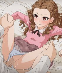 bed blue_panties blush brown_hair censored clothed_sex clothing female french_braid idolmaster idolmaster_cinderella_girls long_hair male panties panties_aside penetration penis pink_eyes polka_dot pussy seki_hiromi sex skirt skirt_lift solo_focus spread_legs sweat tomu_(tomubobu) vaginal_penetration