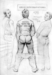 3boys ass back_view big_ass english_text gay harry_bush lowres male male_only monochrome moustache muscular original pants_down tan_skin tanline text traditional_media urinal yaoi
