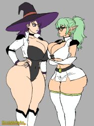 2d 2d_(artwork) big_lips big_thighs bimbo cela_(straightasan) elf elf_ears green_hair hoop_earrings huge_ass huge_breasts iris_(straightasan) leotard lipstick oc original original_artwork original_character original_characters pink_lipstick purple purple_hair sketch skimpy skimpy_clothes straightasan symmetrical_docking tagme thick_ass thick_thighs thin_waist voluptuous wide_hips witch witch_hat