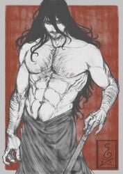 alucard_(hellsing) artist_request bara barely_clothed black_hair claws detailed_hands hairy hairy_arms hairy_chest hairy_male hairy_pecs hands happy_trail hellsing long_hair looking_at_viewer male male_only muscular red_background request shirtless solo_male tumblr_source vladcard