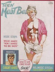 ! 2boys actor balls_through_leghole blonde_hair blush brown_hair english_text gay happy harry_bush heart_symbol light_skin male male_only maxwell_caulfield muscular open_shirt original real_person shorts simple_background tan_skin text traditional_media white_background yaoi
