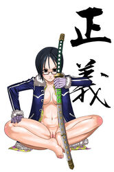 1girls barefoot black_eyes black_hair blush breasts bule butterfly_sitting feet female female_only full_body fur-trimmed_jacket fur_trim glasses gloves hand_on_own_thigh holding holding_sword holding_weapon jacket katana navel one_piece open_clothes open_jacket open_shirt pussy scabbard shaved_crotch sheathed shirt short_hair simple_background sitting solo sword tashigi text toes translated uncensored weapon white_background