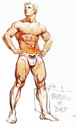 1boy bag blonde_hair bulge english_text gay harry_bush male male_only muscular nipples original pubic_hair sign simple_background solo tan_skin tanline text thong traditional_media white_background white_thong yaoi