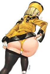 ashiomi_masato ass black_legwear blonde_hair blue_eyes breath female fingerless_gloves fur_hat gloves guilty_gear guilty_gear_xrd hat hips jacket looking_back millia_rage panties pantyhose pantyhose_pull signature simple_background solo thighs underwear ushanka white_background yellow_hat yellow_panties