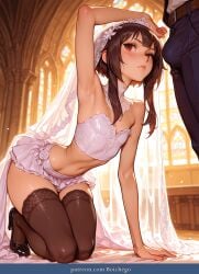 thighhighs 1girl red_eyes veil kneeling skirt long_hair blush navel rating:safe bridal_veil 1boy brown_legwear bangs midriff brown_hair bare_shoulders indoors megumin kono_subarashii_sekai_ni_shukufuku_wo! konosuba boichego genderswap genderswap_(ftm) femboy ai_generated ai_assisted ai_art ai-created
