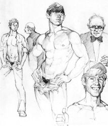 5boys abs age_difference baseball_cap gay gloves harry_bush male male_only monochrome muscular necktie nipples open_shirt original posing pubic_hair shirtless simple_background thumbs_up traditional_media unzipping white_background yaoi