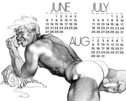 1979 1boy ass august_(month) balls big_ass blonde_hair calendar_(medium) drummer_(gay_magazine) erection gay happy harry_bush july_(month) june_(month) male male_only monochrome muscular nipples original penis simple_background solo sunscreen tan_skin tanline traditional_media visor white_background yaoi