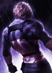 artist_request crop_top human_artist leon_scott_kennedy male_only muscular_male no_ai rain resident_evil solo solo_male string_panties tagme tramp_stamp