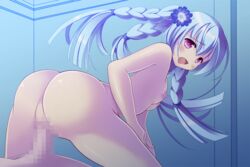 1boy :o artist_request ass blue_hair braid censored character_request female flat_chest flower flower_knight_girl game_cg hair_flower hair_ornament light_blue_hair long_hair looking_back multiple_braids nipples nude official_art purple_eyes quad_braids sex shiny shiny_skin solo_focus straight vaginal_penetration