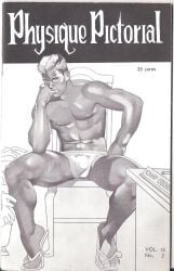 1966 1boy blonde_hair bulge chair english_text flip_flops gay harry_bush male male_only monochrome muscular nipples original sitting solo spread_legs tan_skin text thinking traditional_media white_background yaoi