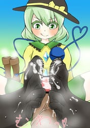 black_socks blush cum cum_on_clothes cum_on_feet feet footjob footjob_with_legwear kanokke koishi_komeiji shoes_removed smell sockjob socks spread_toes sweat tagme toejob toes tongue touhou