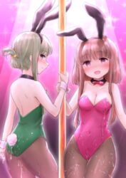 2girls alternate_costume animal_ears blush bow breasts brown_hair bunny_ears bunny_tail bunnysuit choker cleavage commentary_request cowboy_shot cum cum_on_body empty_eyes fake_animal_ears fake_tail folded_ponytail gradient gradient_background green_eyes green_hair highres looking_at_viewer multiple_girls navel nishida_satono open_mouth pink_background pink_bow pole pole_dancing purple_eyes short_hair_with_long_locks smile sparkle spotlight tail teireida_mai touhou wamu_(chartreuse) wrist_cuffs