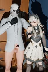 1boy 1girl 3d armored_dress big_penis blender_render erection explicit female fortnite fortnite:_battle_royale gloves hand_on_chest horns iam_yann lexa_(fortnite) looking_at_penis looking_at_viewer looking_down male masked_male nsfw penis penis_erection penis_out seductive seductive_eyes seductive_mouth seductive_smile sexy_pose standing suit teasing white_hair white_suit wild_card_(fortnite)