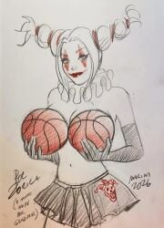 marini enrico_marini harem basketball_(ball) hiding_breasts solo 2026 solo_female clown clown_makeup short_skirt no_ai human_artist traditional_art artist_name